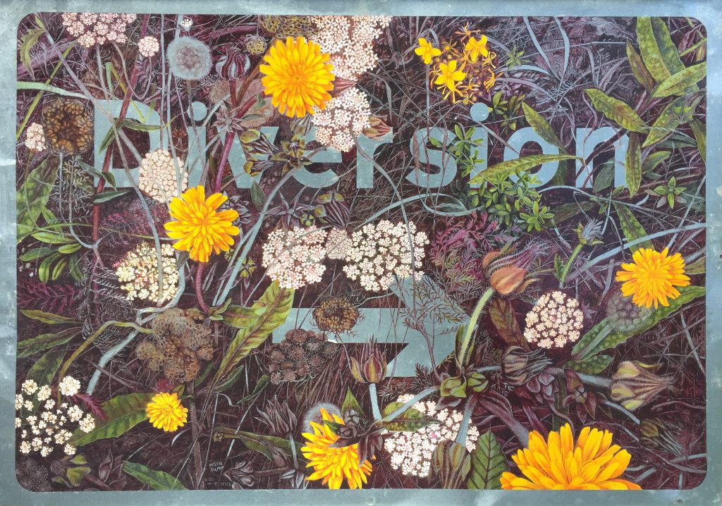 A120 Diversion (Wild Carrot and Bristly Oxtongue), oil on galvanised metal road sign, 105cm x 75cm (2018) SOLD.