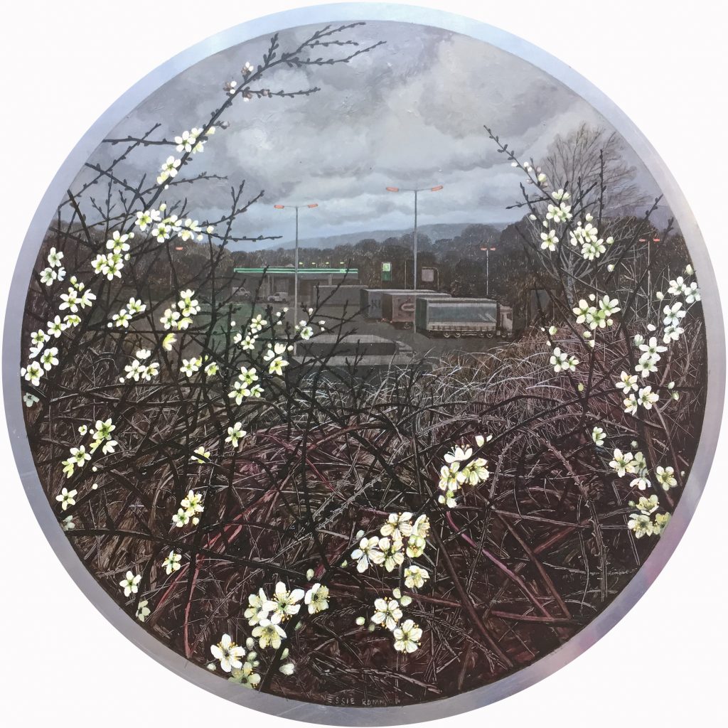M25 Clacket Lane Services (Blackthorn Blossom), oil on circular aluminium road sign, 30cm diameter (2019) SOLD.