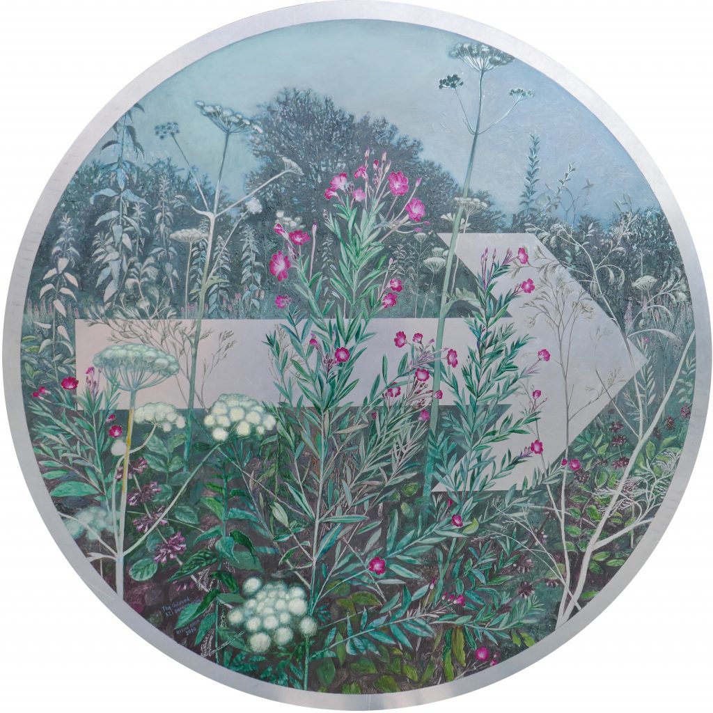 The Unloved (Hogweed, Willowherb and Nettle), oil on circular aluminium road sign, 60cm diameter (2021) SOLD