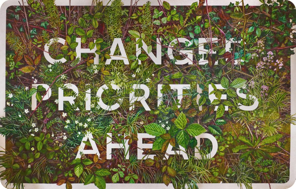 Changed Priorities Ahead (A21 Stitchwort, Bramble and Cuckooflower), oil on steel, 155cm x 103cm (2021) SOLD