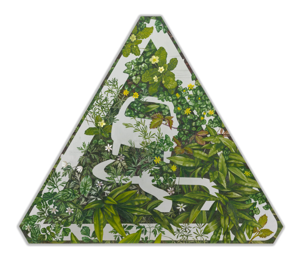 The arrival of spring (Skid Risk), oil on steel, 75cm x 75cm (triangular) with stand, (2022), SOLD.