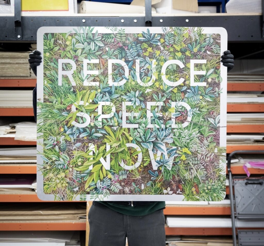 Reduce Speed Now (One-Stop Car Park: Hawkweed, Ribwort Plantain and Common Vetch) Digital print on aluminium panel. Printed by Harwood King of Sussex. Edition of 10, 80 x 87cm £850 including UK mainland delivery.