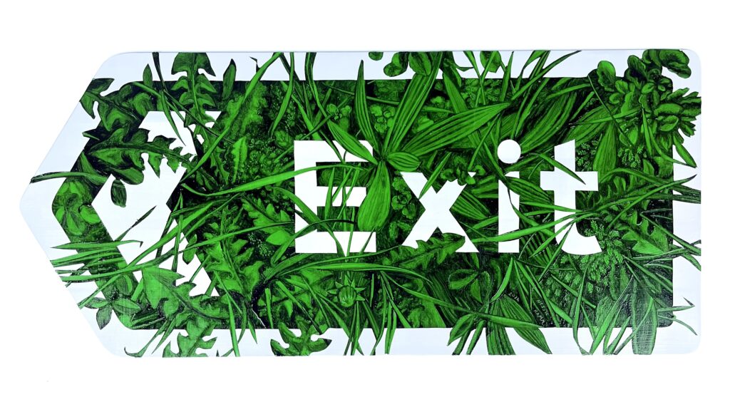 Exit (Dandelion and Ribwort Plantain) 20cm x 45cm, oil on aluminum (2024). SOLD