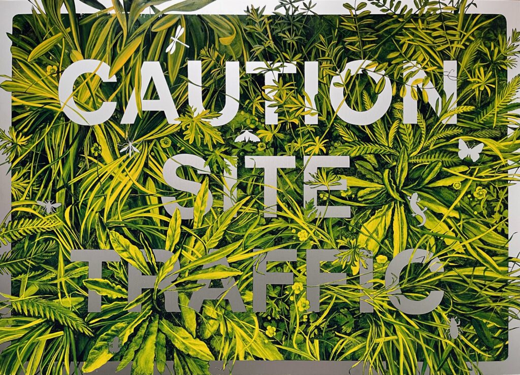 Caution Site Traffic (Scotney Castle: Buttercup & Yarrow) Enamel paint on aluminium, 2024. 75cm x 105cm SOLD
