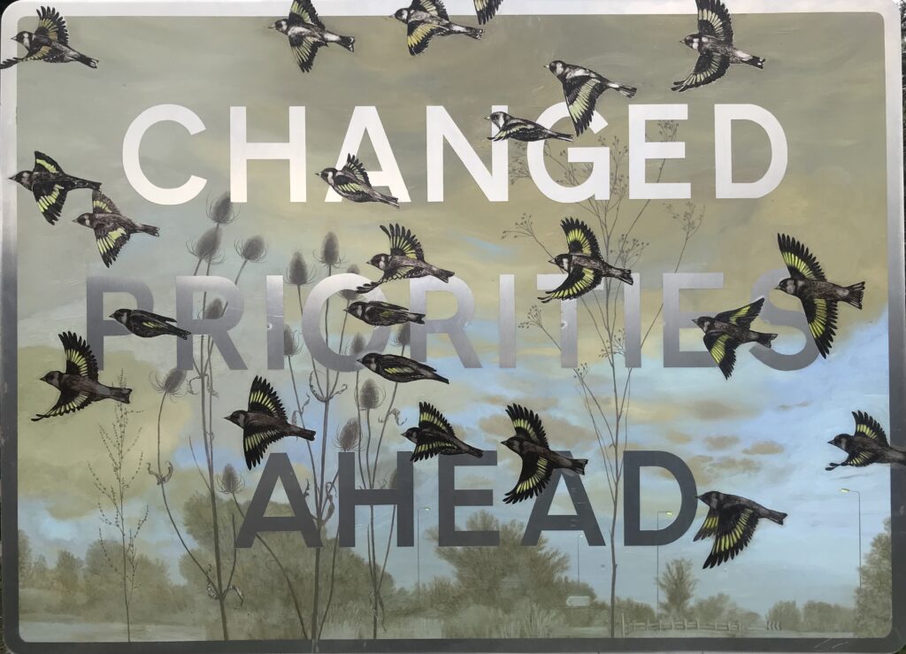 Changed Priorities Ahead (Goldfinches at Blueboys Roundabout), oil on aluminum, 95cm x 130cm (2024). AVAILABLE £6500
