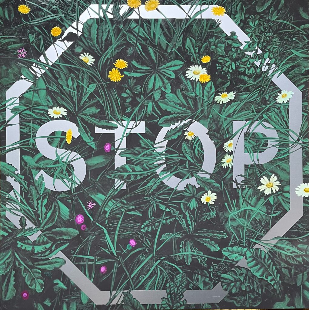 Stop (Scotney Castle flowering meadow) Enamel paint on aluminium, 2024. 75cm x 75cm £1995 including delivery to mainland UK