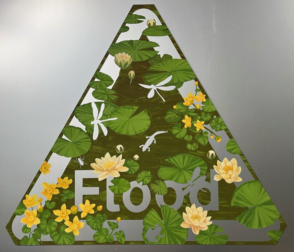 Flood (Scotney Castle: Kingcup & Water Lily) Enamel paint on aluminium, 2024. 87cm x 75cm (triangular) SOLD