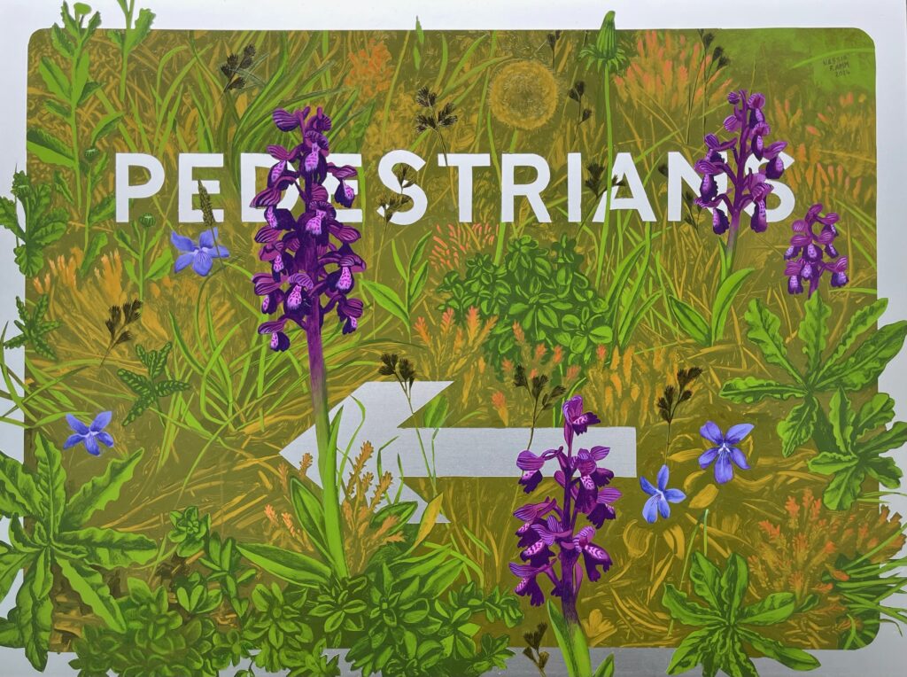 Pedestrians (Scotney Castle: Green-Winged Orchids) Enamel paint on aluminium, 2024. 60cm x 45cm. SOLD