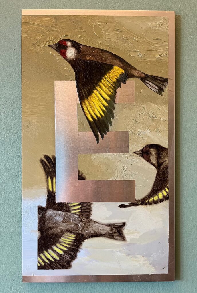 Goldfinch E, oil on aluminium, 30 x 17cm. SOLD