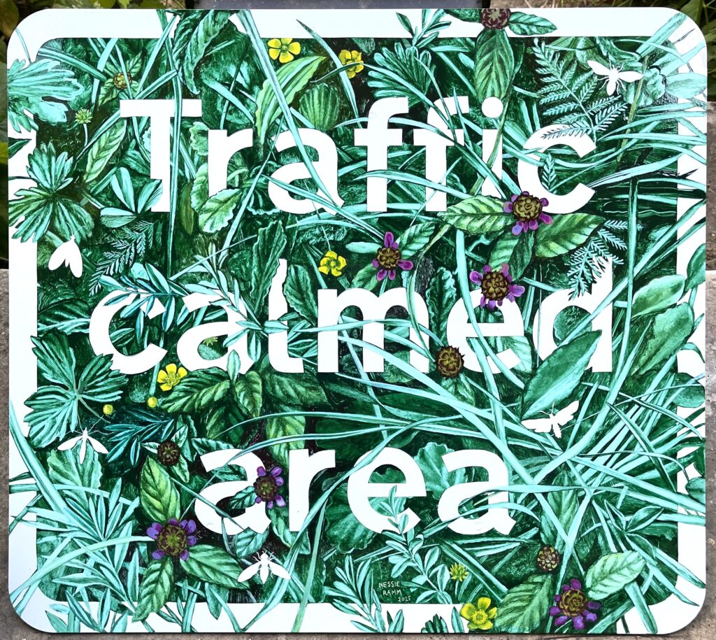 Traffic Calmed Area (Old A21 at Lamberhurst; Self-heal and Buttercup). Enamel paint on aluminium road sign, 46 x 52cm (2025). Painted for the RHS Hampton Court Palace Garden Festival 2025. SOLD