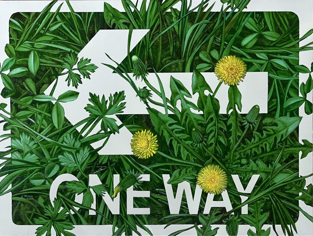 One Way (Castle Industrial Estate; Dandelion, Clover & Buttercup Leaf). Oil on aluminium, 30 x 40cm (2025). £1,200. Available from Art of Protest Gallery, York.