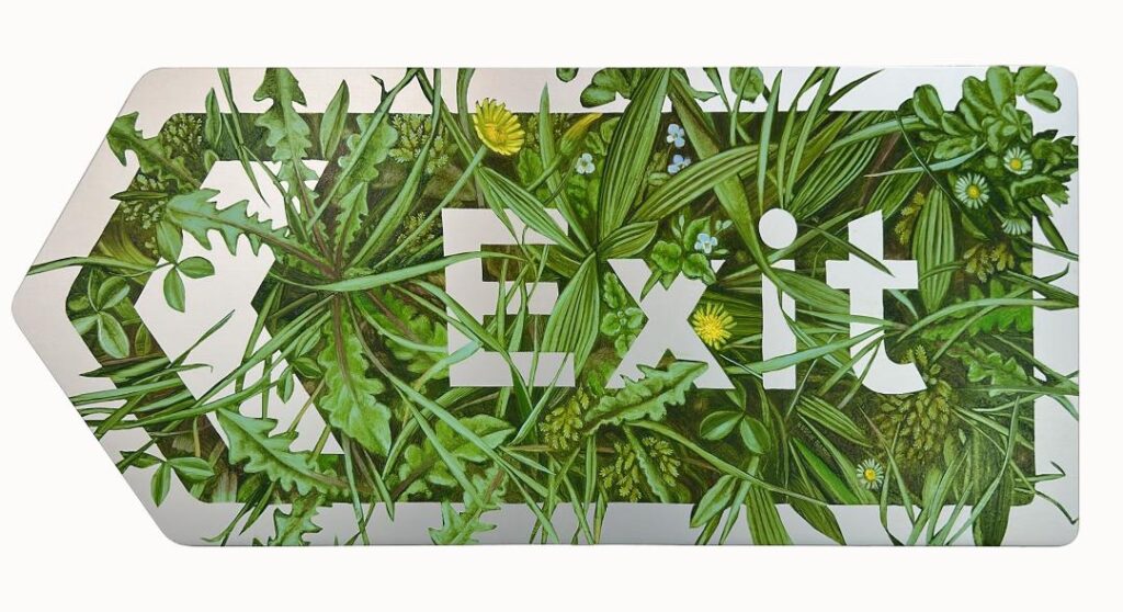 Exit (Hawkbit, Speedwell & Daisy) Oil on aluminium, 20 x 45cm (2025). Unframed arrow-shaped sign. SOLD